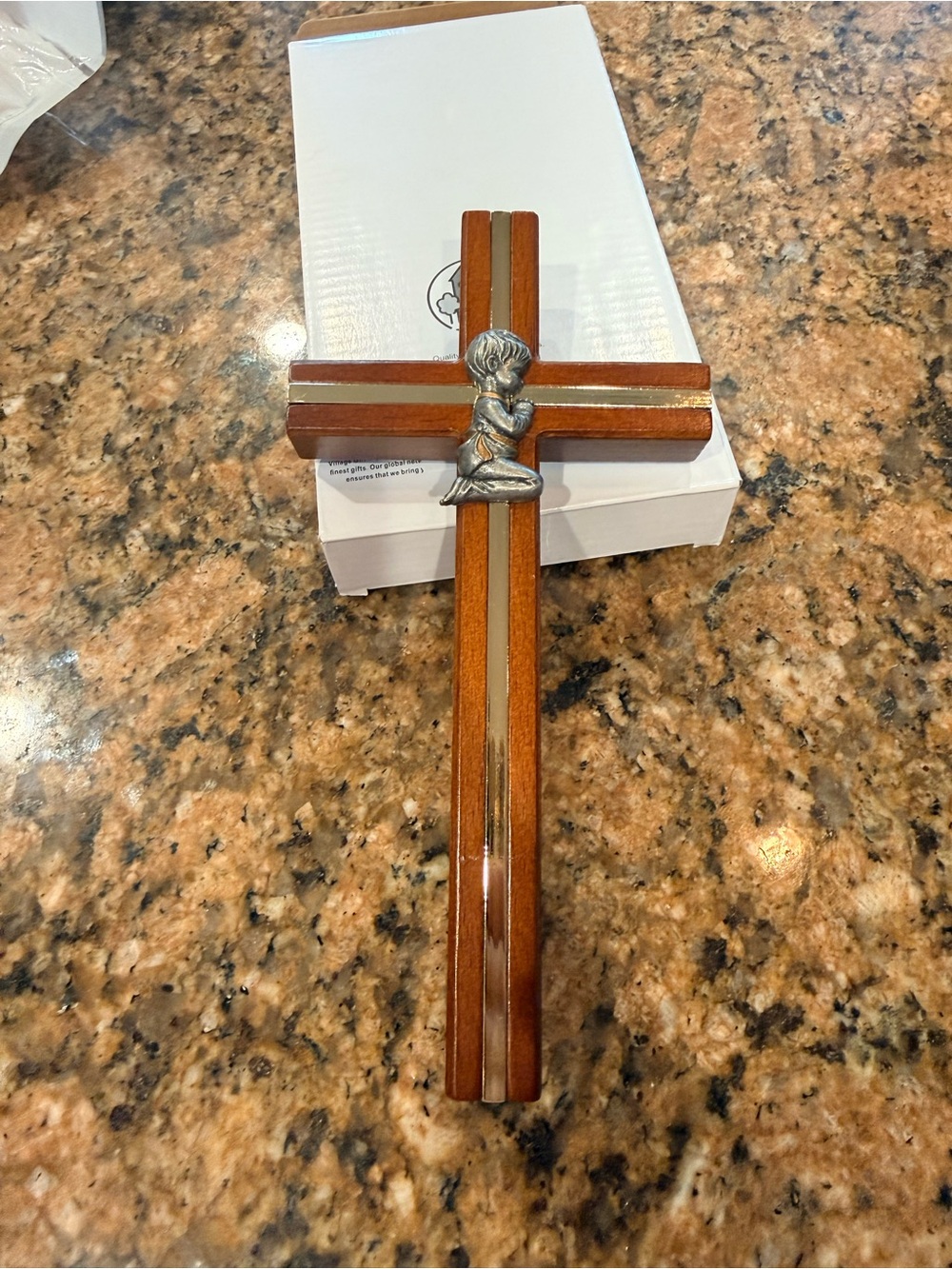 🆕 Wooden Wall Cross with Kneeling Boy Accent - Brown